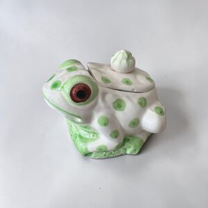 Vintage Ceramic Frog Trinket Box with Snail Lid - White & Green Polka Dot